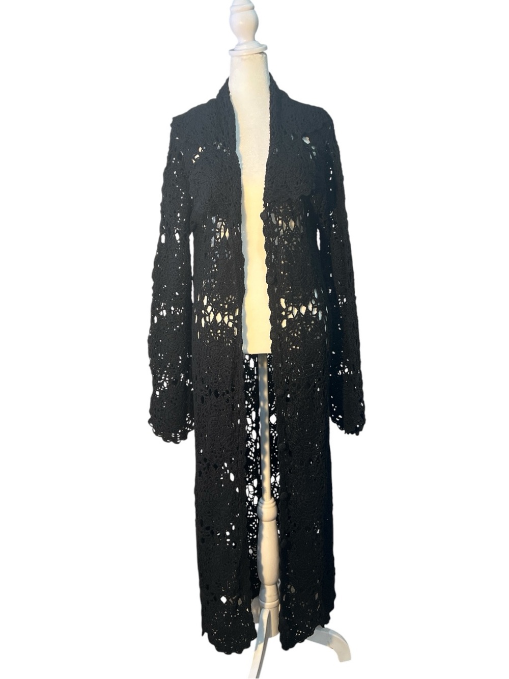 Newport News Black Crochet Duster Cardigan XL Open Knit Long Sleeve Festival